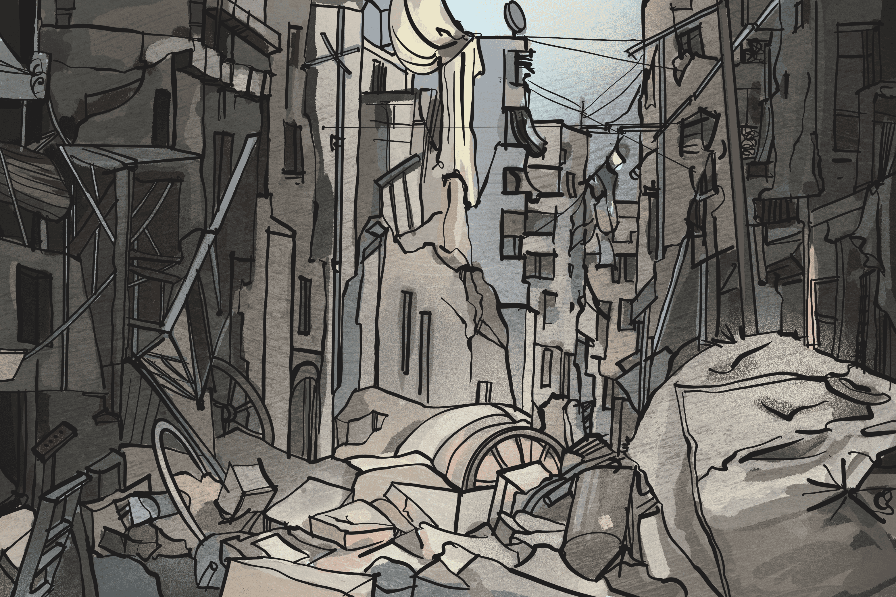 Illustrasjon av en by hvor bygningene er ødelagte og bygningsmasser ligger i gatene.