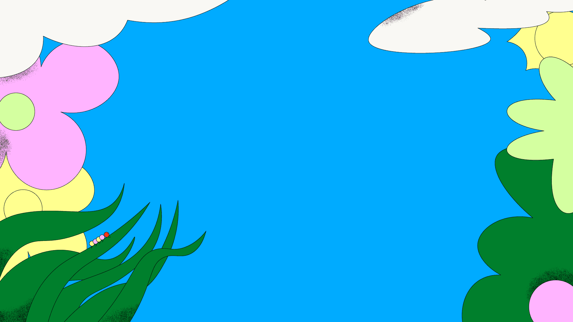 Himmel, trær og blomster i klare og glade farger.